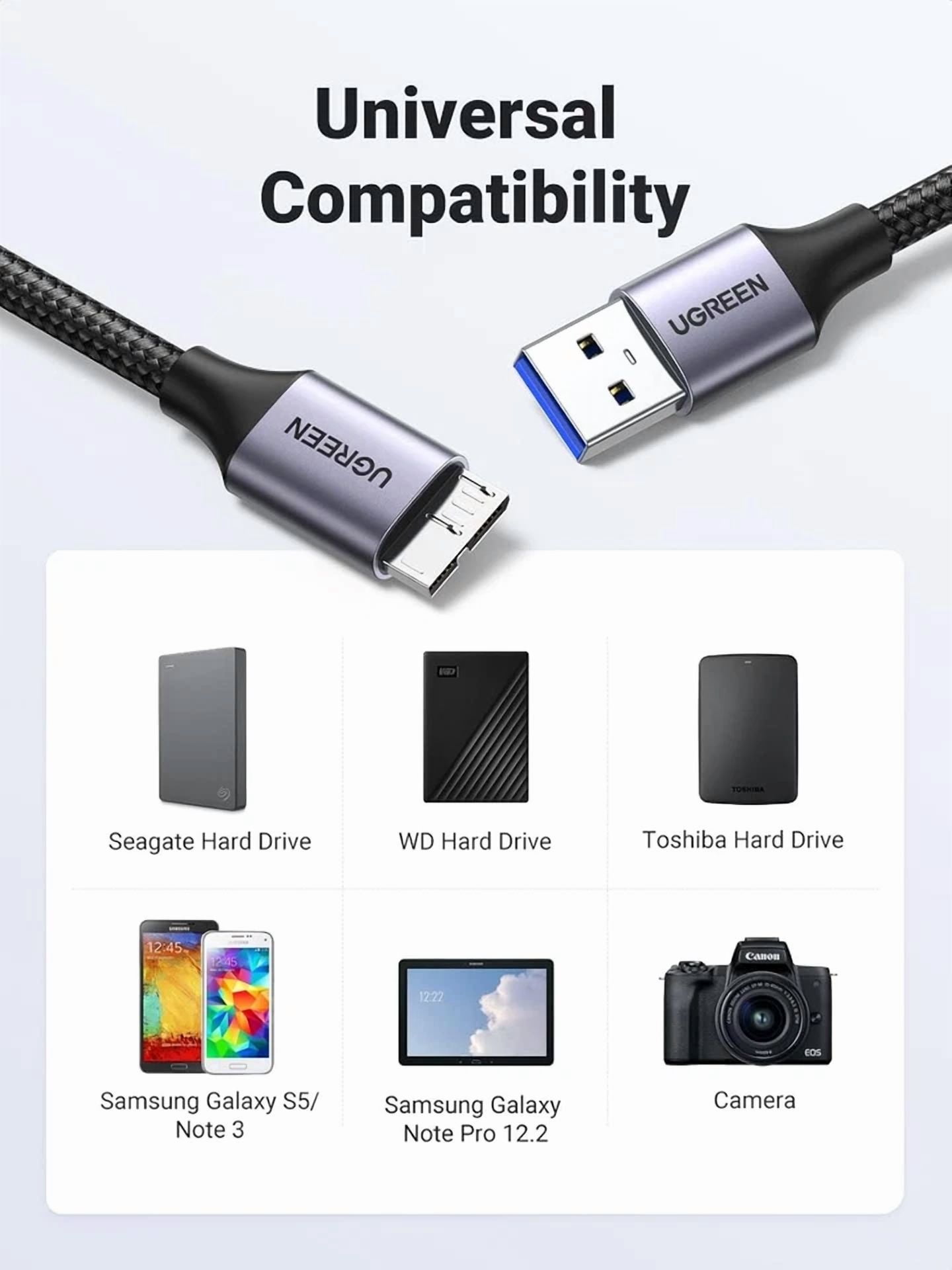CRESTIN- Ugreen Micro Usb 3.0 Cable, A To B Cord Nylon 1.5 Ft, Grey