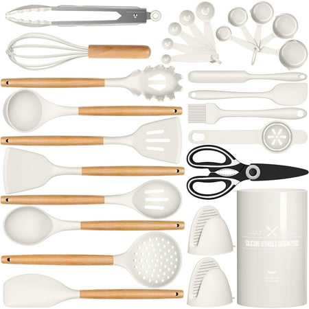 

Silicone Cooking Kitchen Utensils Set AIKKIL 28PCS White Cooking Utensils Set with Wooden Handles Tongs Spatula Pasta Server Kitchen Gadgets Tools Set For Non-Stick Cookware(BPA Free)