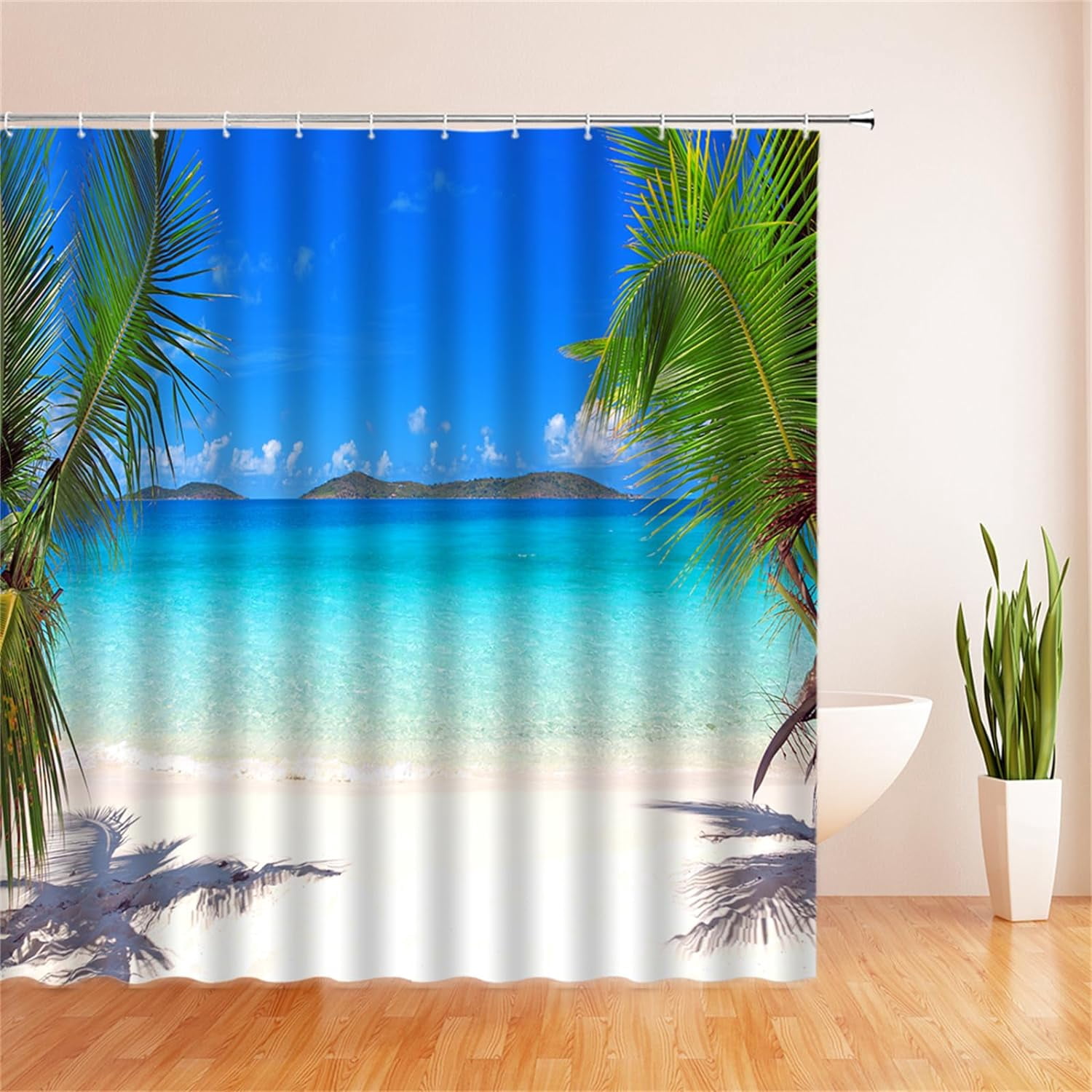 Ocean Beach Shower Curtain Blue Sky Tropical Sea Waves White Cloud Seaside Landscape Hawaii Summer Nature Scenery Bath Curtain with Plastic hooks