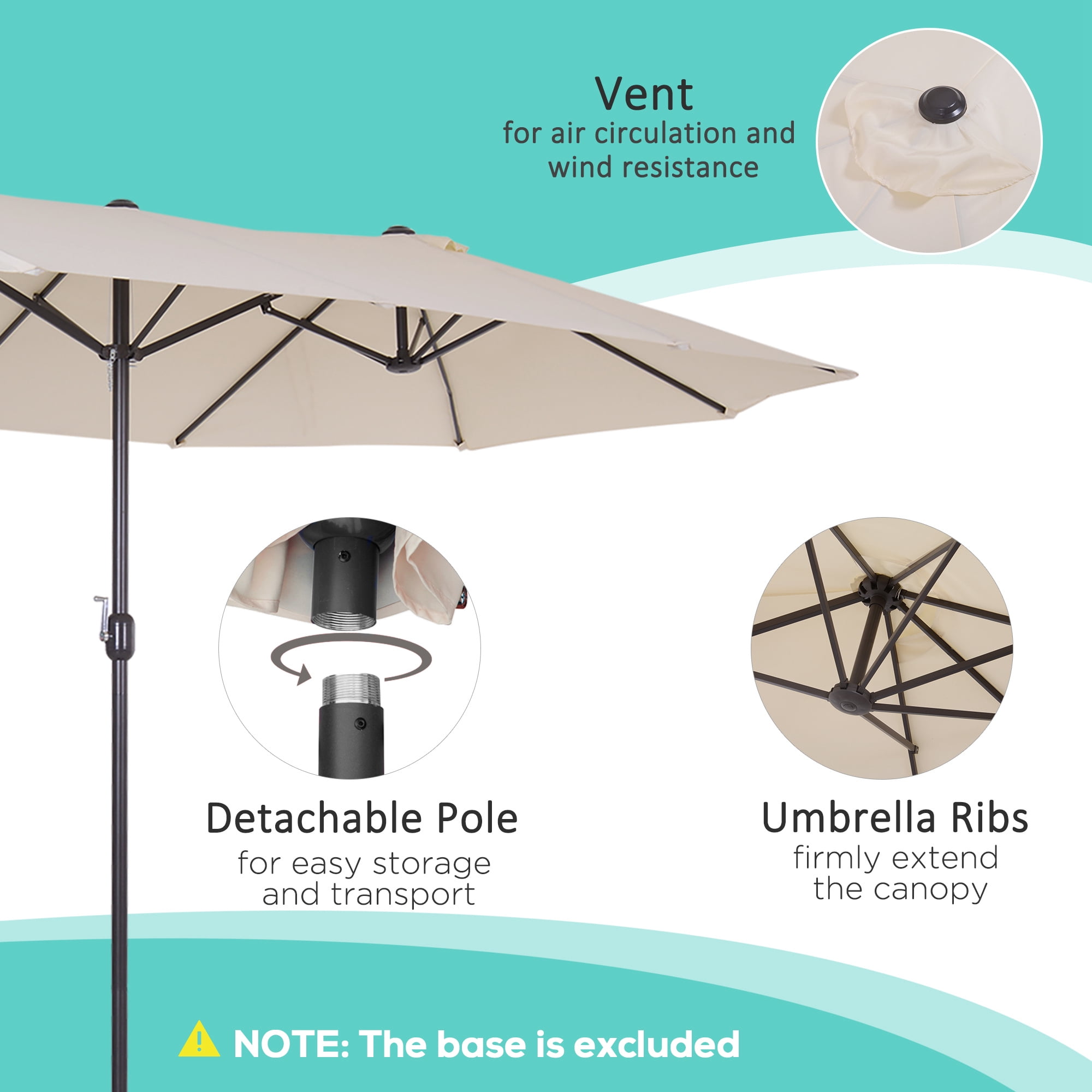 Outsunny 15' Extra Large Double Patio Umbrella for Pool, Cream White