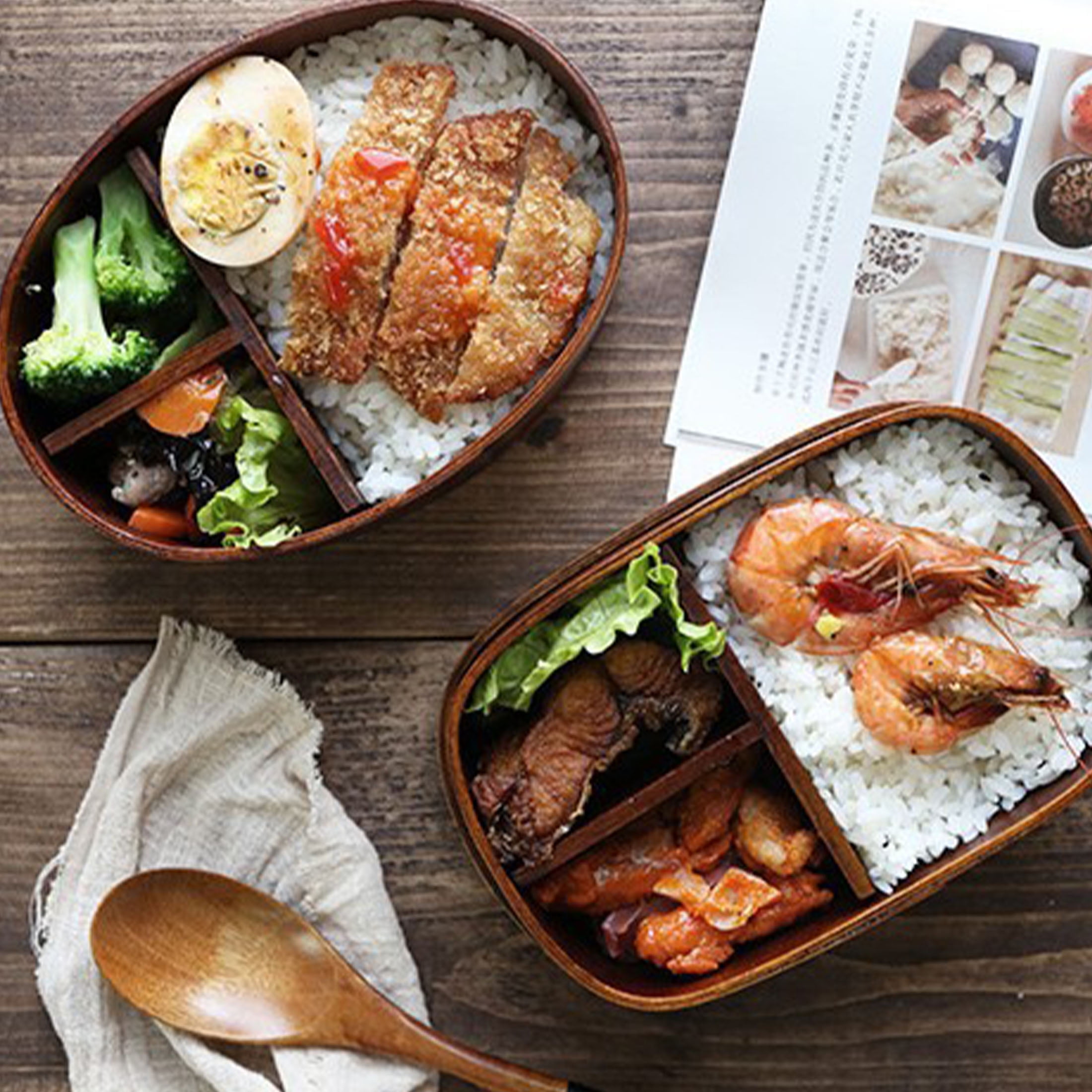 SXDY Wooden Bento Boxes Lunch Box, Japanese Style Food Containers Picnic Box, With Spoon Fork Chopsticks