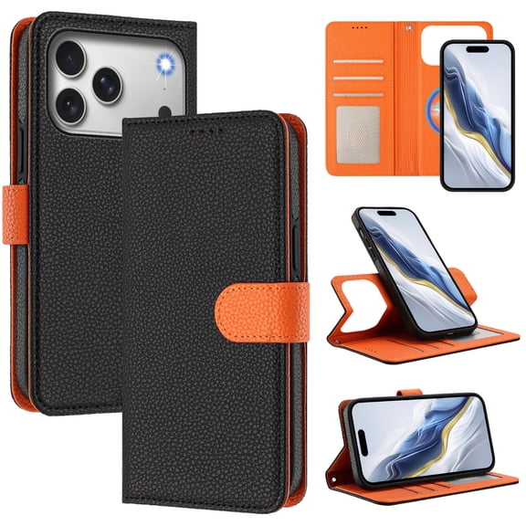 ELEHOLD For iPhone 17 Pro Max Flip Wallet Case, 2-in-1 Detachable Magnetic Flip Shockproof Two-color Leather Stand Cover with Strap, Multi-Function Protective Wallet ,Black