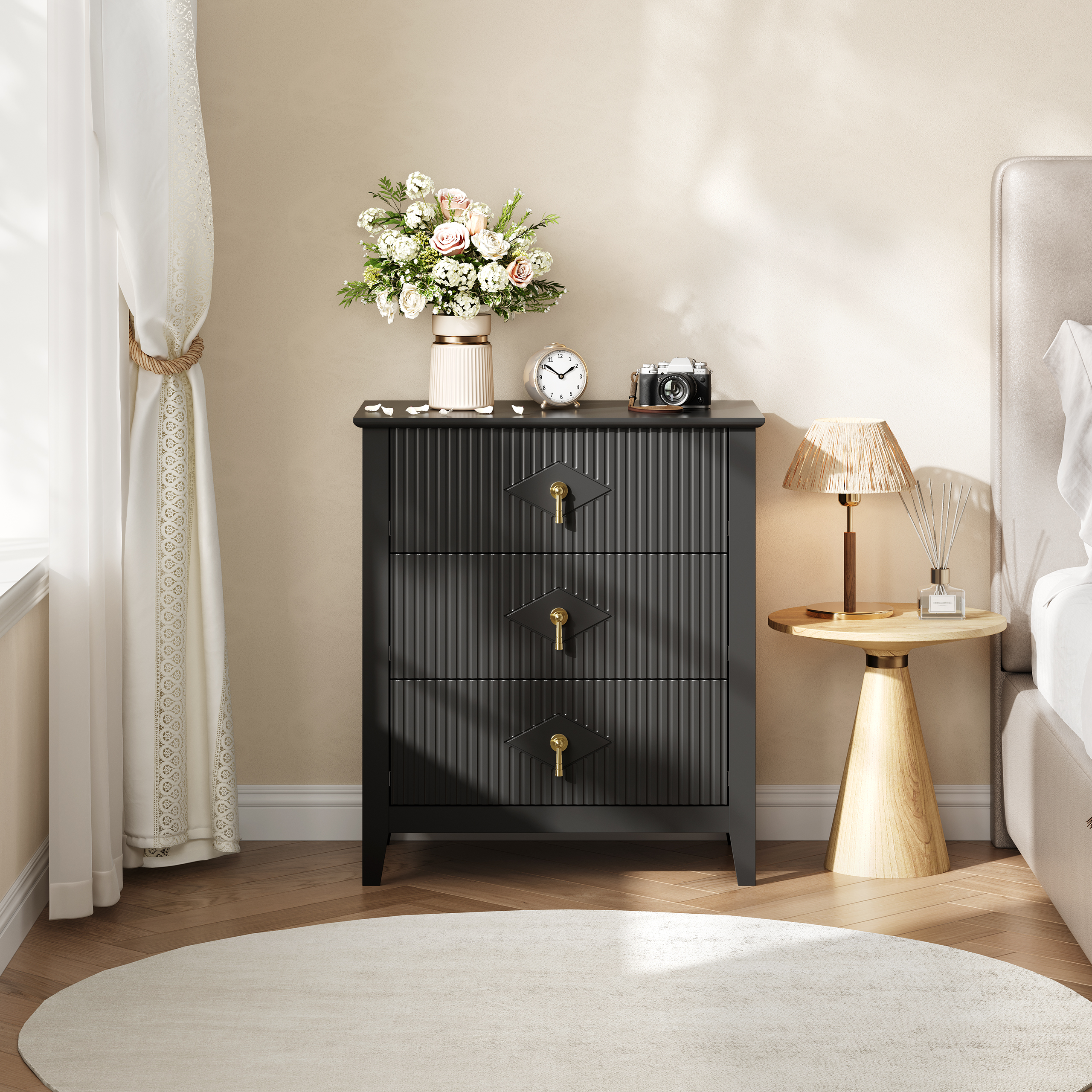 Black Fluted Dresser for Bedroom, 32 Inch Wide Nightstand with Large Drawer, 3 Drawer End Table for Bedroom, Living Rooms, Offices, and Entryways