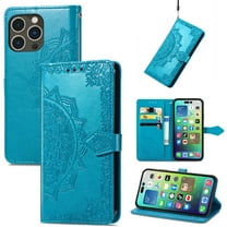 Feishell Embossed PU Leather Wallet Phone Case for Apple iPhone 13 Pro,Full Protection Magnetic Clasp Flip Stand Card Slots Shockproof Protective Cover with Hand Strap,Blue