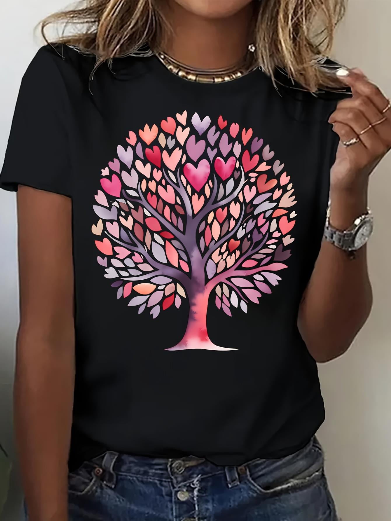 T-Shirt Graphique Cœur/ T-Shirt Graphique Arbre de Cœur de la Saint-Valentin pour Femme - 100 % Coton, Confortable et Respirant, Col Rond Décontracté en Noir avec Motif de Cœurs Roses et Rouges, Parfait pour le Printemps/été/automne
