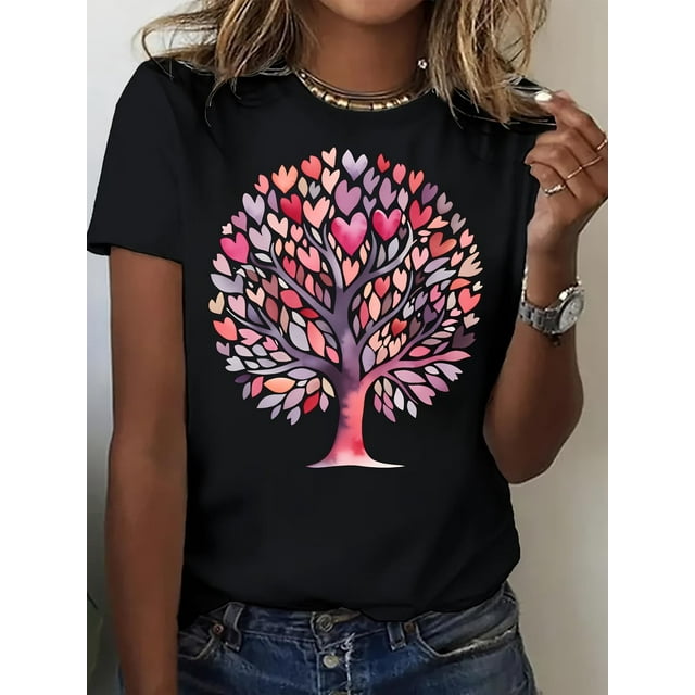 T-Shirt Graphique Cœur / Arbre de Cœur de la Saint-Valentin pour Femmes - 100 % Coton, Confortable et Respirant, Col Rond Décontracté en Noir avec Design Cœurs Roses et Rouges, Parfait pour Printemps/été/fal