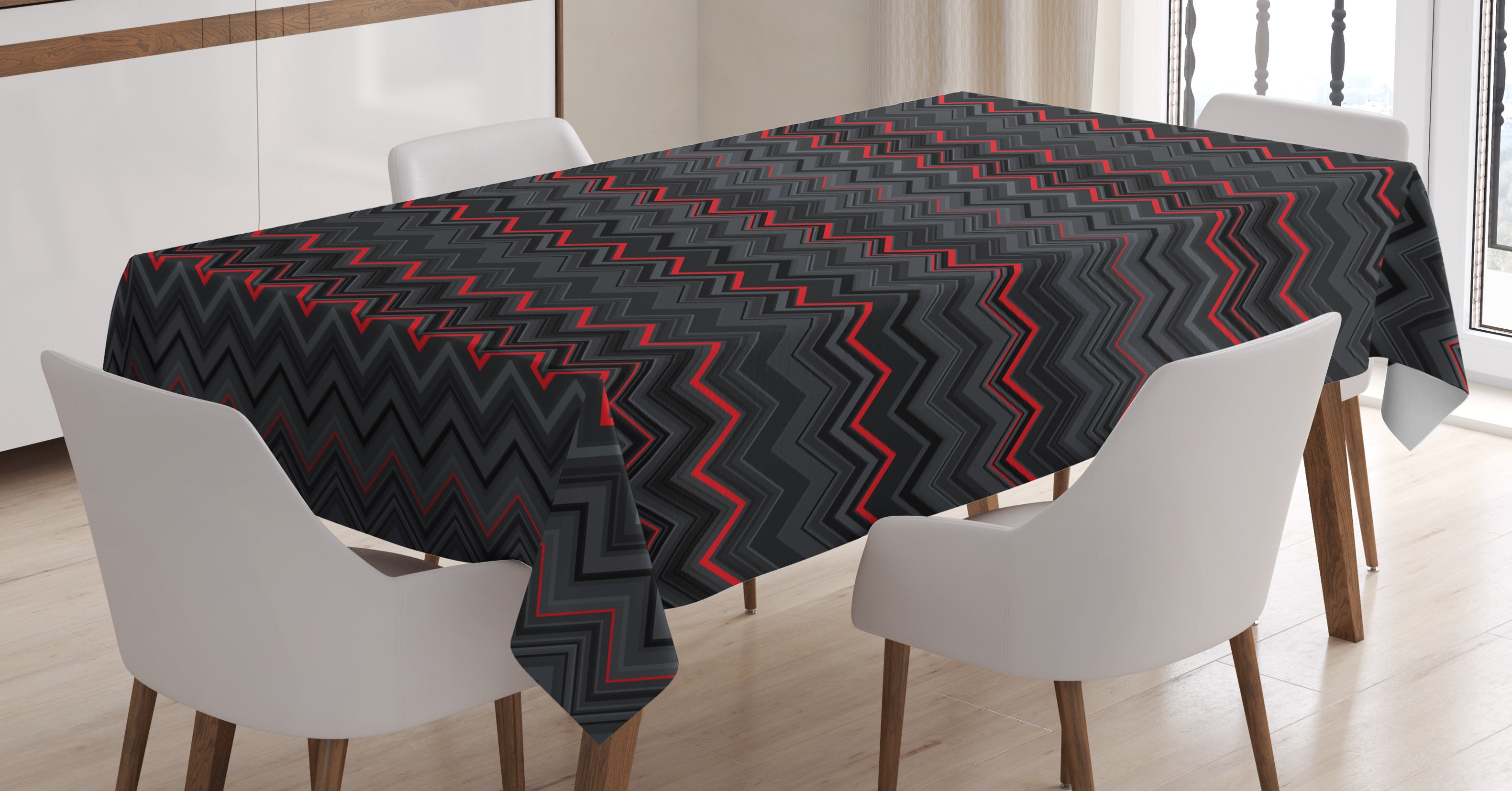 Red and Black Tablecloth, Zigzag Chevron Design with Bold Thin Layers