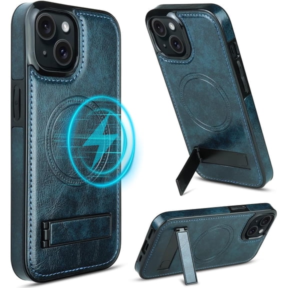 Magnetic for iPhone 15 Leather Case,Compatible with Magsafe,Built-in Invisible Stand,Premium Leather Ultra Slim Magnetic Case Kickstand Cover Protective Phone Case for iPhone 15,Dark Blue