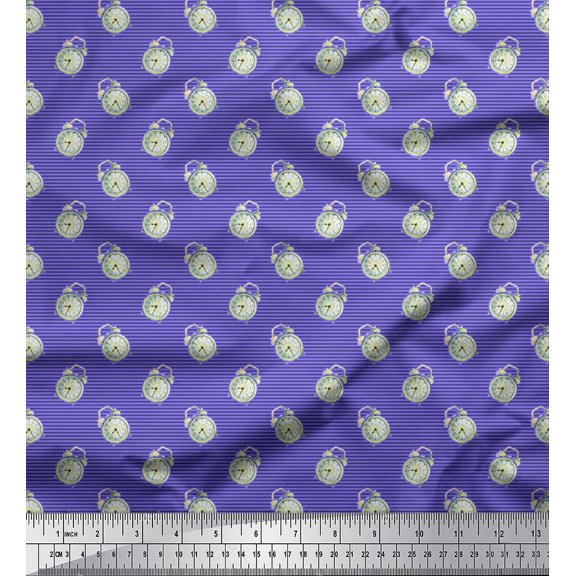 Soimoi Purple Poly Georgette Fabric Stripe & Alarm Clock Vintage Print Sewing Fabric Yard 42 Inch Wide
