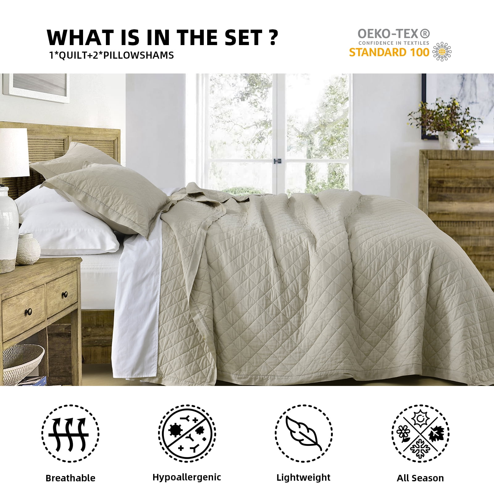 PANGUSHAN 100% Cotton King Quilt Set, Elegant Diamond Pattern Solid Color King Size Quilt Bedding Set Bedspreads, Reversible Quilted Lightweight Comforter, Beige Bed Spread for King Bed, 3pcs