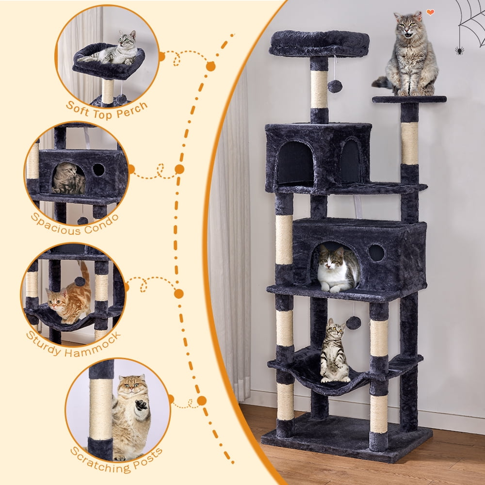 Senbonry 67in Heavy Duty Cat Tree for Indoor Cats Large Adult,Tall Cat Climbing Tower with Hammock,Sisal Scratching Post,Basket,Removable Perch,Condo,Dark Gray