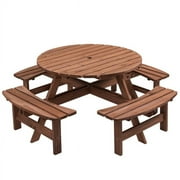 Fithood 8-Person Outdoor Circular Wooden Picnic Table with 3 Built-in Benches for Patio Backyard Garden, Gray