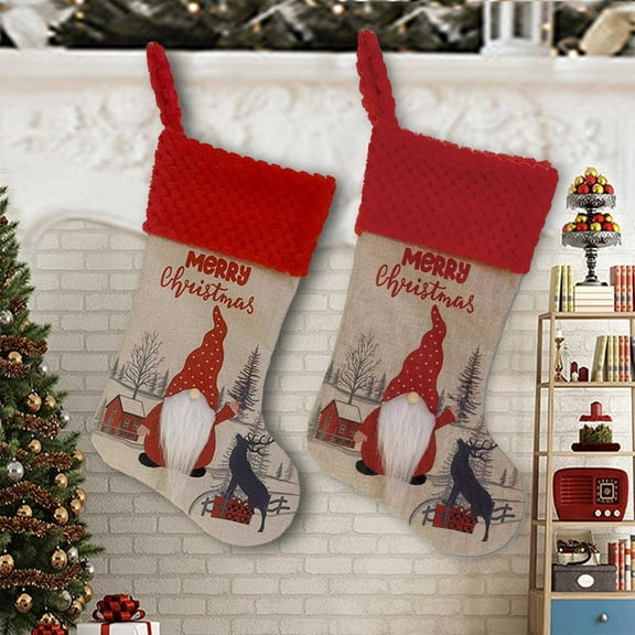 2-Pack Christmas Stockings Set 18 Inch - Red Personalized Gnome Santa Design for Fireplace Mantel Hanging white