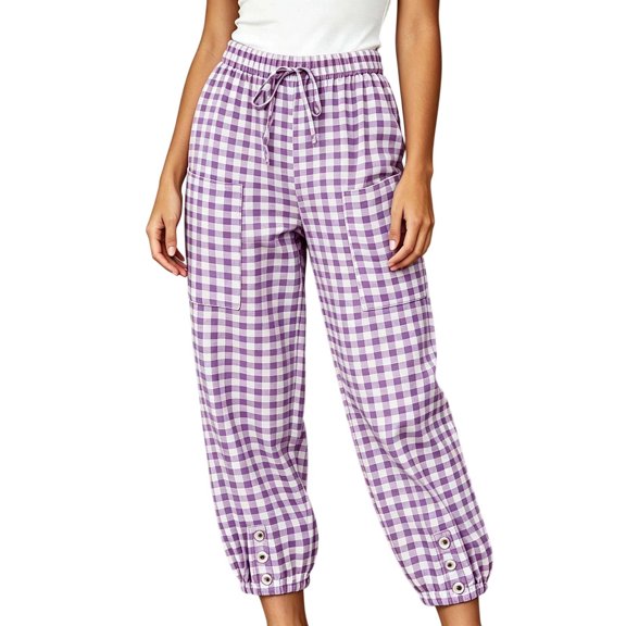 TEAJOPSUU Women's Plaid Cropped Pants Drawstring Elastic Waist Tapered Trousers with Pockets Gingham Casual Lounge Streetwear Purple