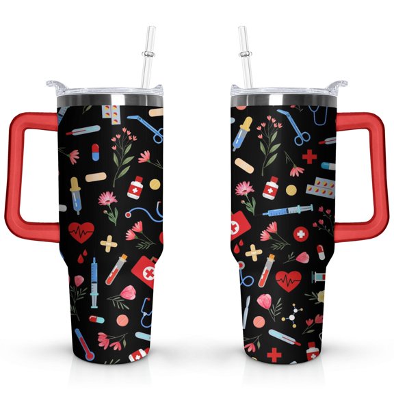 40oz Funny Nurse Life Stainless Steel Flip Straw Tumbler Spill Proof Travel Cup Double Wall Vacuum Insulated Coffee Mug with Handle