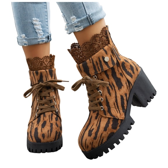 Leopard Print Ankle Boots for Women Lace up Lug Sole Chunky Heel Sexy Lace Dressy Fall Winter Booties