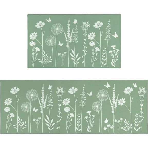 Sage Green Kitchen Mat Rug Set of 2- Plant Floral Butterfly Kitchen Rugs with Runner Kitchen Decor Accessories Things, Kitchen Rug Mat- Leaves Rugs for Home Kitchen Large- 17x30 and 17x48 Inch