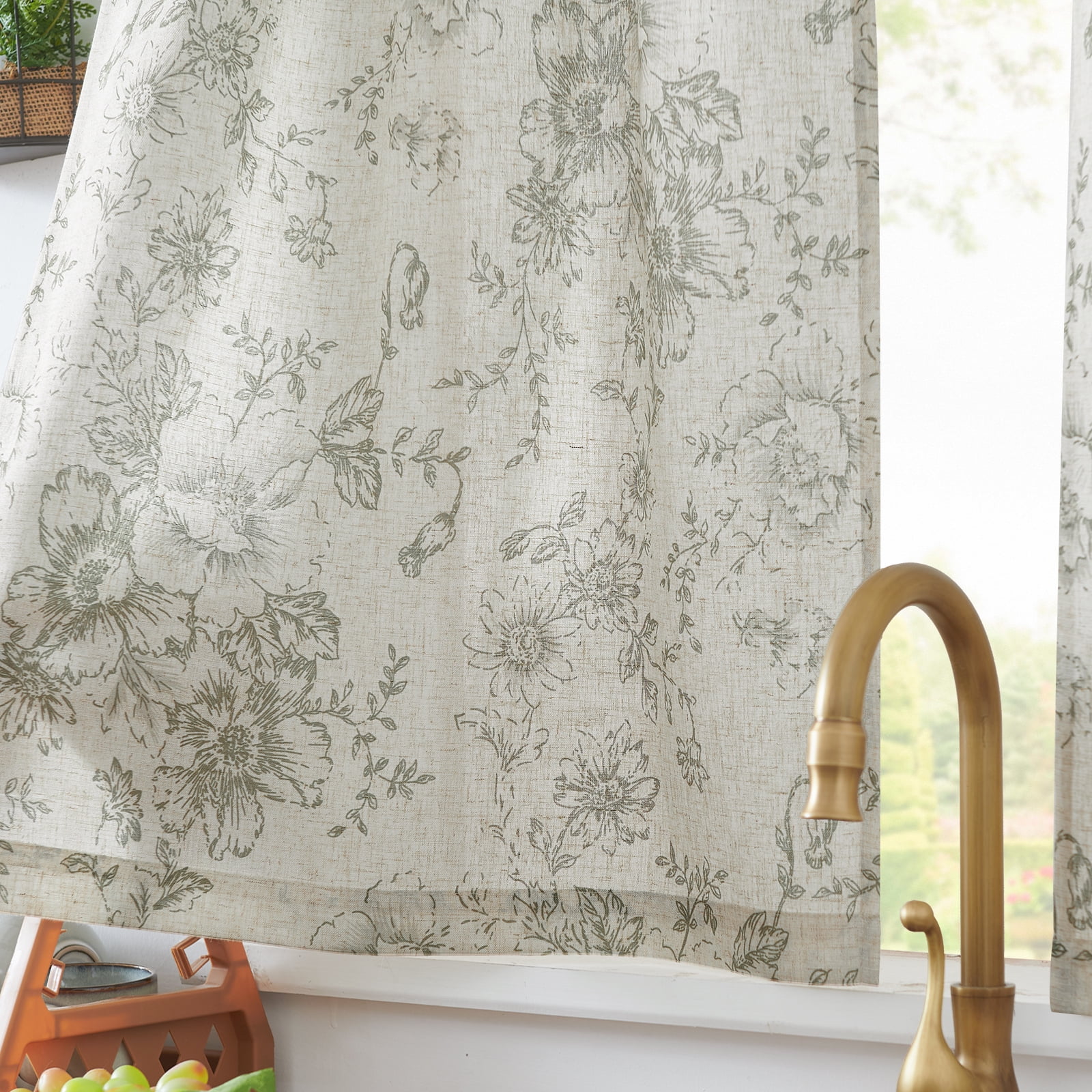 Curtainking Floral Kitchen Curtains Linen Cafe Curtains Sage Flower 26x36 inch Length Curtains for Living Room 2 Panels