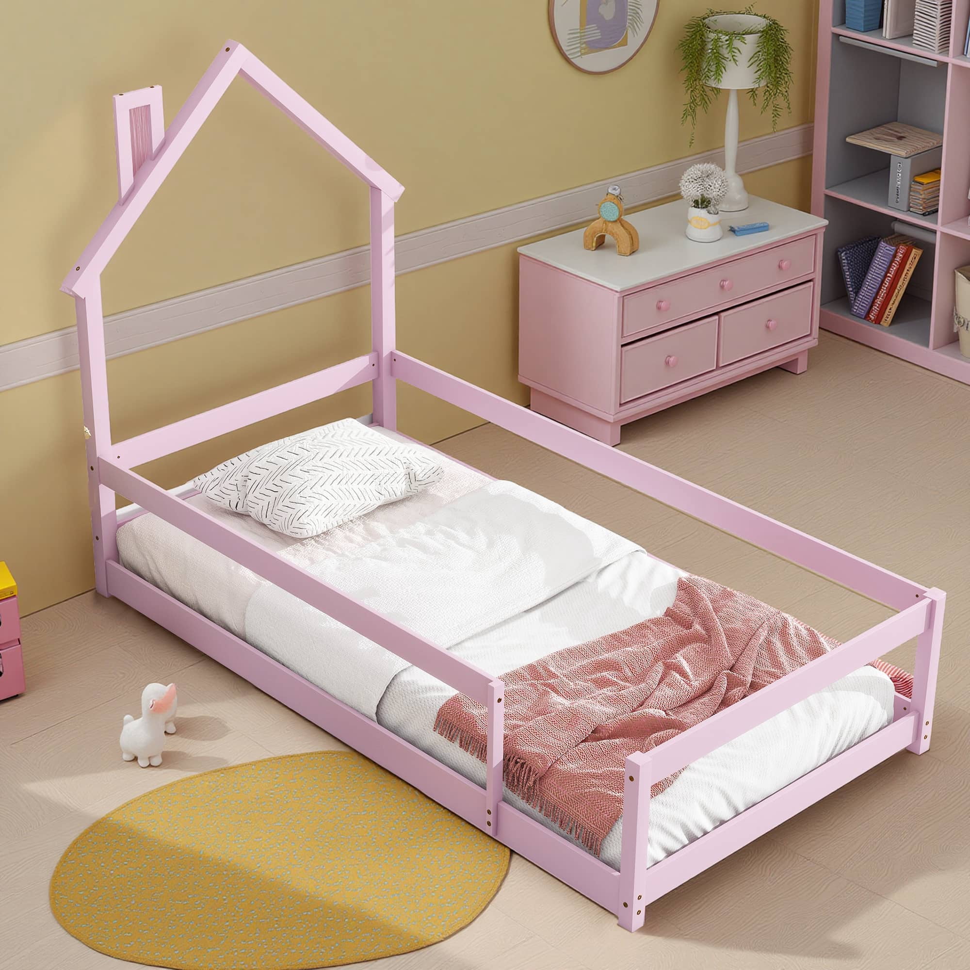 MAYEERTY Twin Size Wood Bed Frame with House-Shaped Headboard with Fences for Adult, Pink
