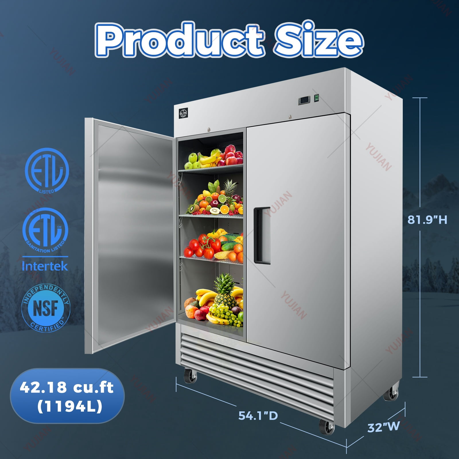 NSF 54 in. Commercial Reach In Refrigerator 43 Cu.Ft. 2-Door Cooler, Stainless Steel, Solid Door Refrigerator