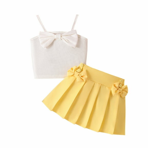 Fesfesfes 1-5 Years Girls' Fashion Cute Summer Outfits 1-5Years Girls' Fashion Striped Strap Top Double Bow Pleated Skirt Set(Yellow,12-18 Months)