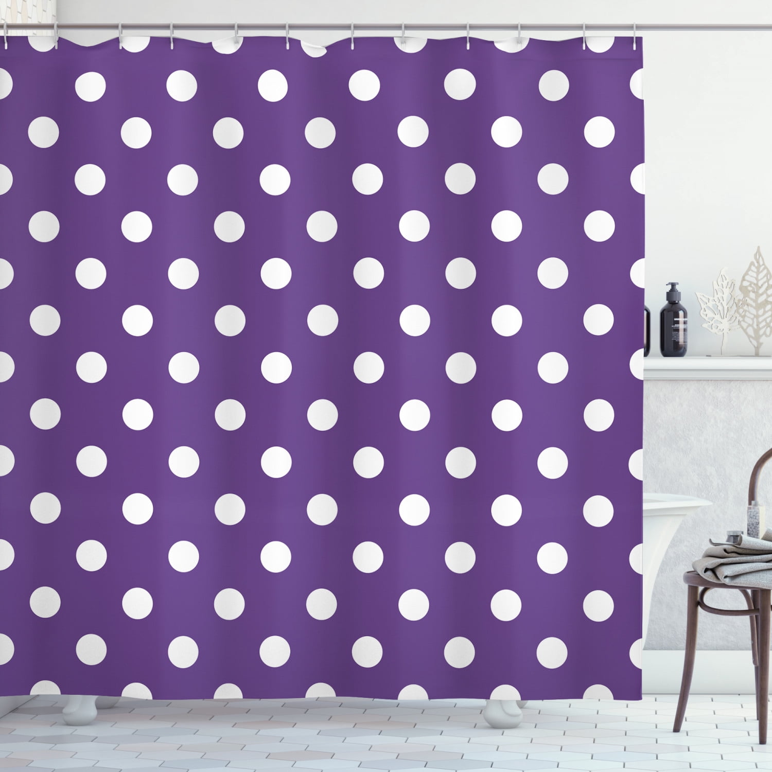 Eggplant Shower Curtain, Polish White Orderly Polka Dots and Purple