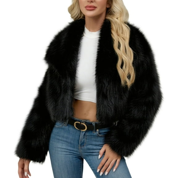 MELDVDIB Womens Fuzzy Fleece Coat Open Front Cropped Solid Color Fall Winter Jacket Warm Fashion Casual Long Sleeve Outerwear Tops