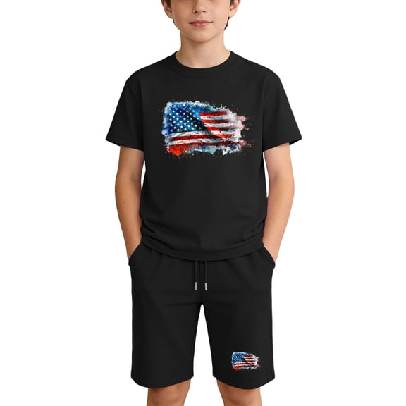 Kids 4th of July USA Flag Short Sleeve T-Shirt and Shorts 2 Piece Matching Outfit Set, Black, Unisex for Kids Boys Girls,Size 7 T
