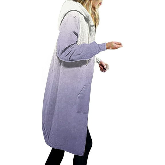 Qetyuw Fall Winter Long Hoodie Jacket for Women Long Sleeve Full Zip Up Open Front Coat Loose Fit Casual Jackets