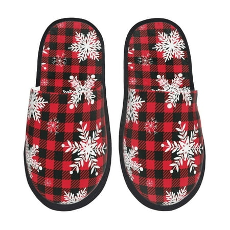 Balery Snowflakes On A Buffalo Plaid Slient Indoor Furry Fleece Comfort House Shoes Soft Non-Slip Home Shoes Cotton slippers House Slippers-- Medium