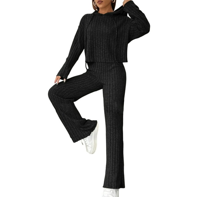 Gupgi Women Solid Color Tracksuit 2 Piece Spring Ribbed Outfits Short Hoodies Loose Pants