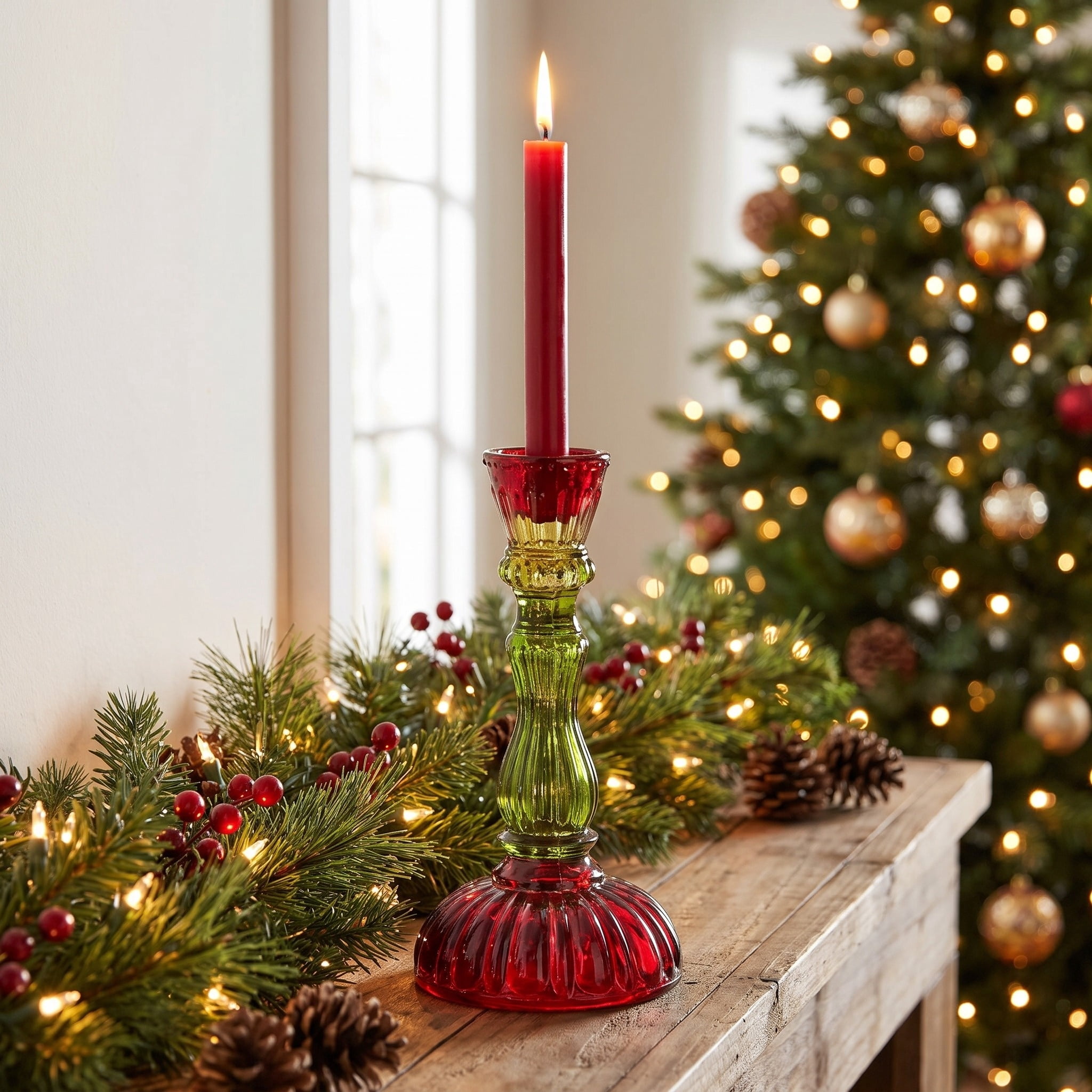 Red and Green Ribbed Glass Christmas Taper Candle Holder, 6.5", by Holiday Time