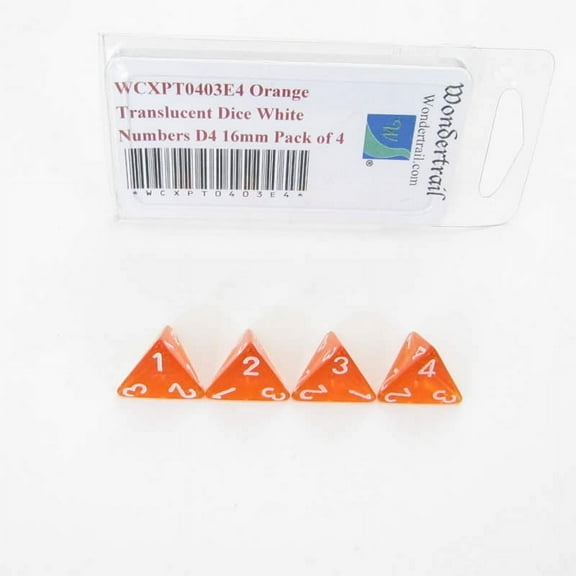 Orange Translucent Dice with White Numbers D4 Aprox 16mm (5/8in) Pack of 4 Wondertrail