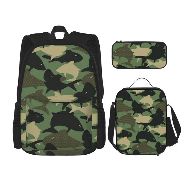 Disketp Camouflage Shark Mochila Estampada de Gran Capacidad con Lonchera y Estuche, Set de 3 Piezas para Estudiantes