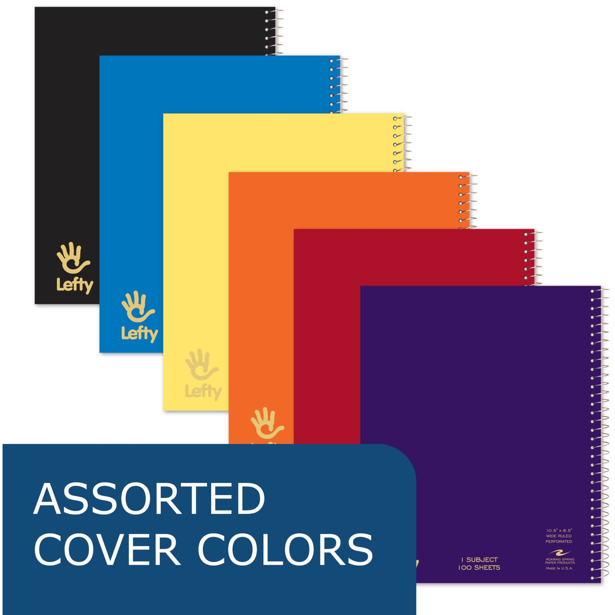 Roaring Spring Lefty Subject Wide Ruled Left Handed Spiral Notebook, 1 Case (24 Total), 10.5" x 8.5" 100 Sheets, Assorted Saranac Covers
