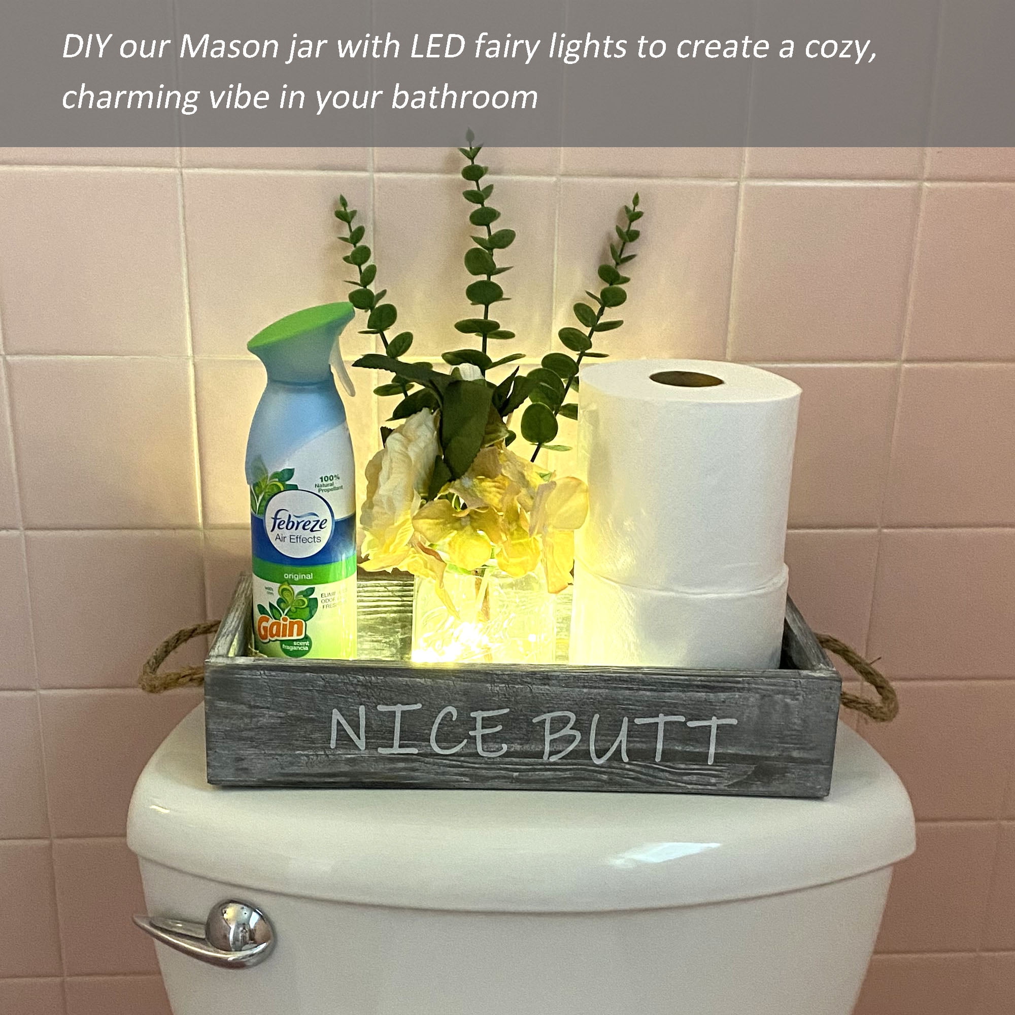 Farmhouse Wood Bathroom Tray Toilet Paper Holder with Mason Jar Soap Dispenser & Flowers, Medium Rustic Gray Over Toilet Decor