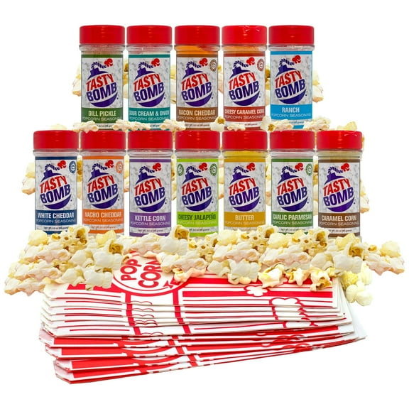 Tasty Bomb Popcorn Seasoning Variety Pack, 12 Seasonings, Gluten-Free, Keto, 2.8-3 Oz.