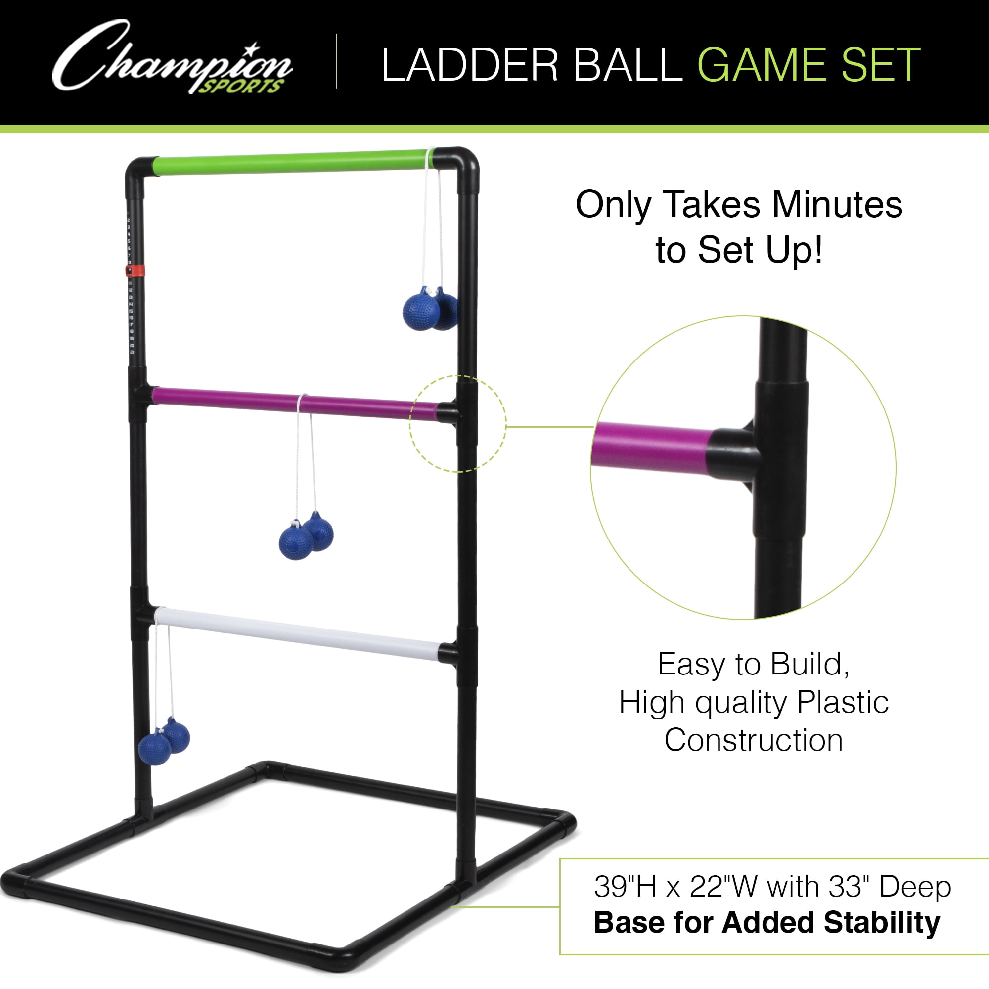 Champion Sports Outdoor Ladder Ball Game: Backyard Party, Camping & Beach Games Ladder Golf Set for Adults and Kids with Bolas Balls and Carrying Case , 39"H X 22"W With 33" Deep Base Set