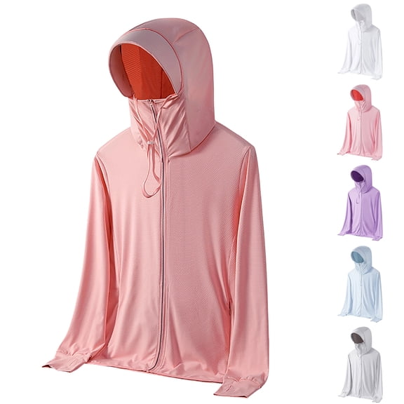 Hilenly Lightweight Sun Protection Hooded Jacket for Women Plus Size Long Sleeve Ice Silk UV Shirt Zip Up Hiking Shirts