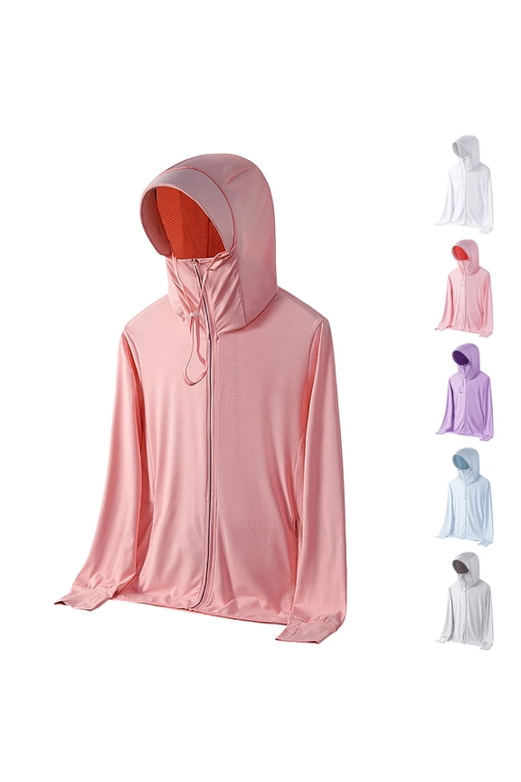 Lightweight Sun Protection Hooded Jacket for Women Plus Size Long Sleeve Ice Silk UV Shirt Zip Up Hiking Shirts