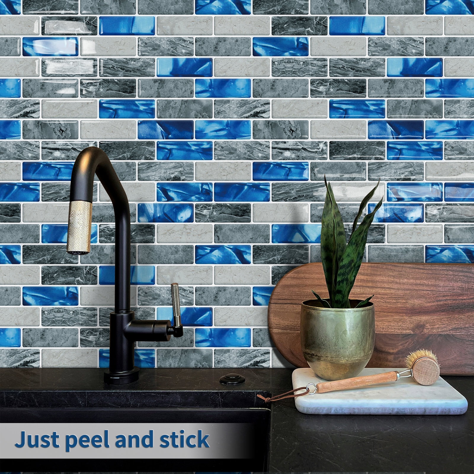 DEWOO Blue Peel and Stick Tile Backsplash, 3D Adhesive Peel and Stick Tile Backsplash for Kitchen, Bathroom, Wall Tile, 10-Sheet (12"x 12")
