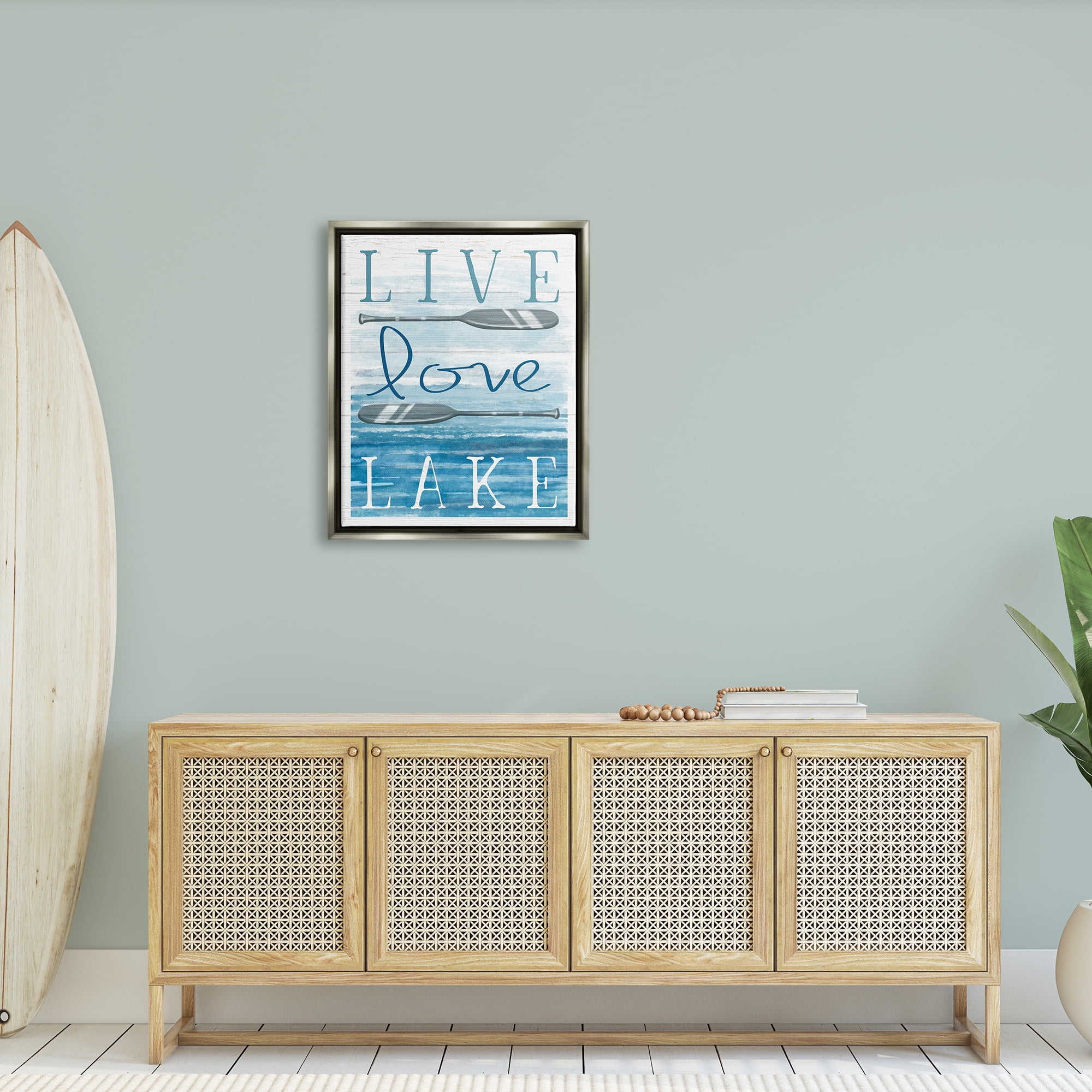 Stupell Industries Live Love Lake Quote Ores Water Motif Graphic Art Luster Gray Floating Framed Canvas Print Wall Art, Design by Elizabeth Tyndall