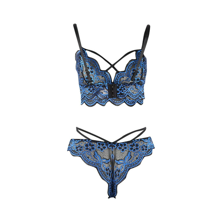 RQYYD Plus Size Lingerie Set for Women,Sexy V-neck Sheer Floral Lace  Scallop Trim Criss Cross Strappy Bra Stretch Panty 2 Piece Set (Blue,M) 