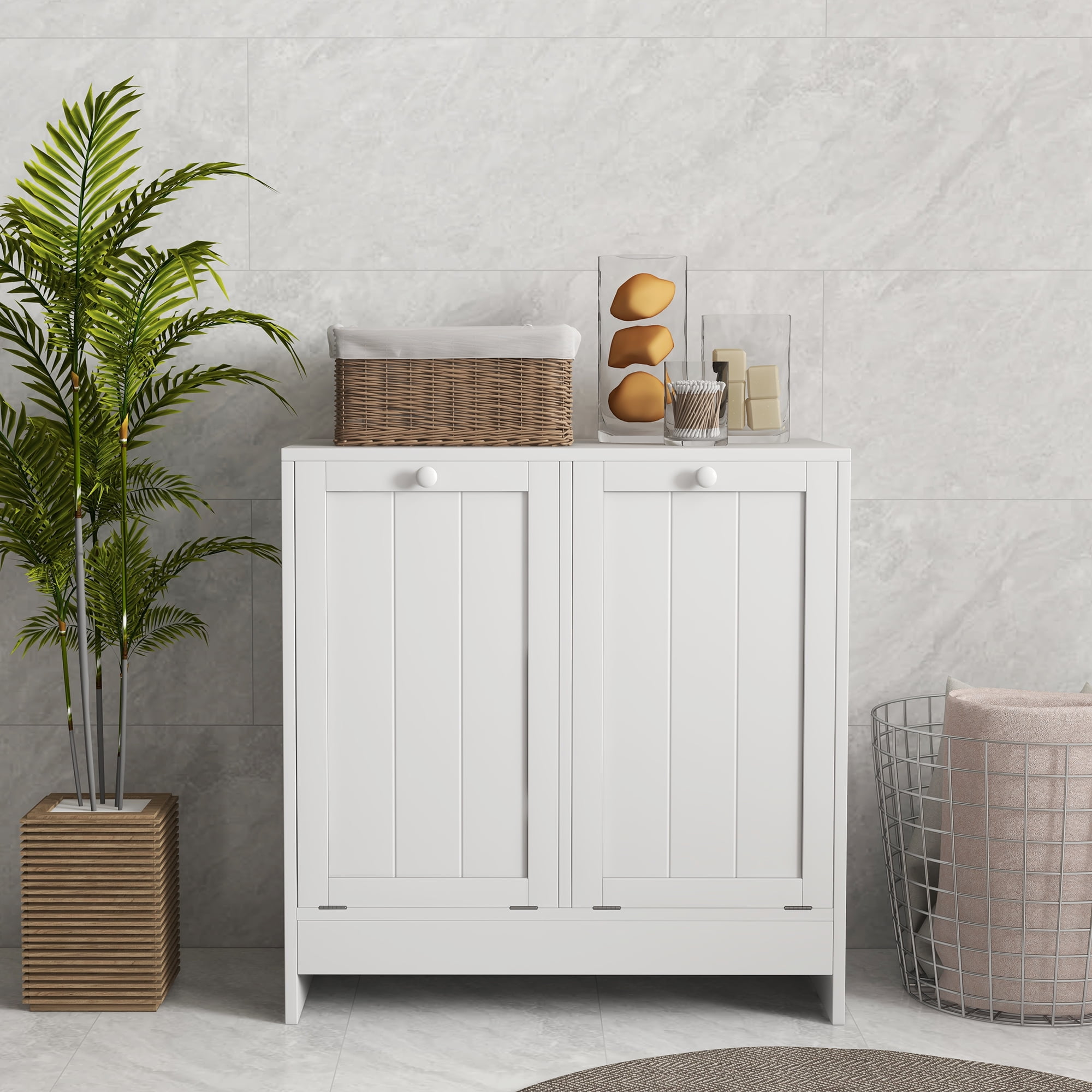 kleankin Tilt out Laundry Hamper, Hamper Cabinet, with 2 Compartments, Modern Laundry Cabinet for Bathroom, Washroom, White