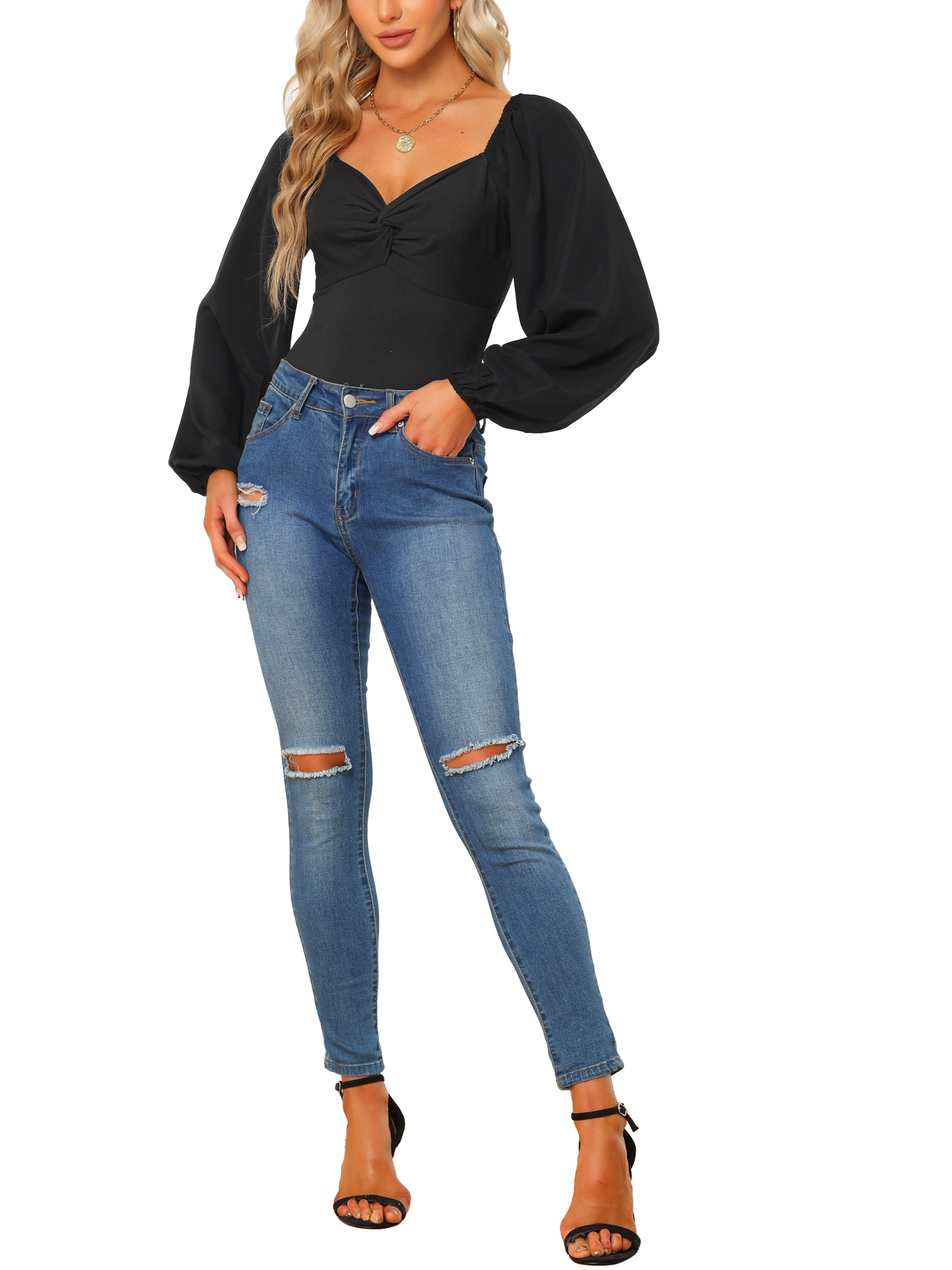 Unique Bargains Women's Sweetheart Puff Sleeve Long Sleeve T Shirts Tops Bodysuits Black S