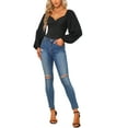 thumbnail image 2 of MODA NOVA Juniors Sweetheart Square V Neck Puff Sleeve Long Sleeve T Shirts Tops Bodysuits Black S, 2 of 5