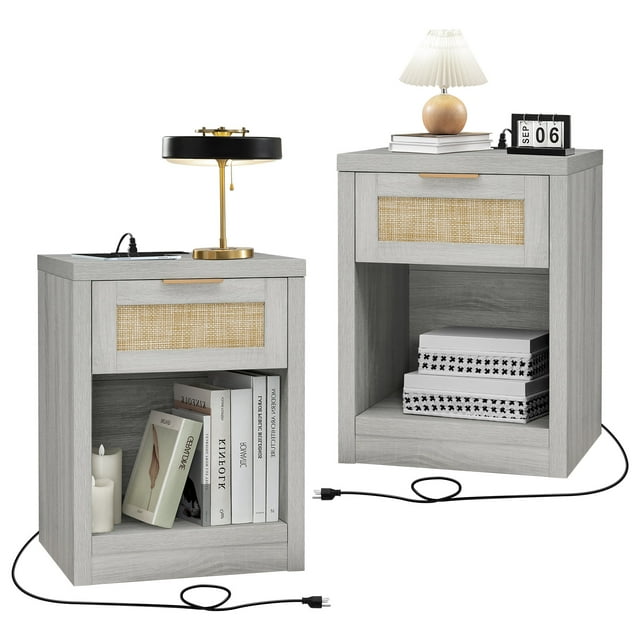 OAKHAM Rattan Nightstand Set of 2 with Charging Station, Bedside Table with Type-C/USB Port, Boho Side Tables End Table for Living Room, Bedroom, Pale Oak