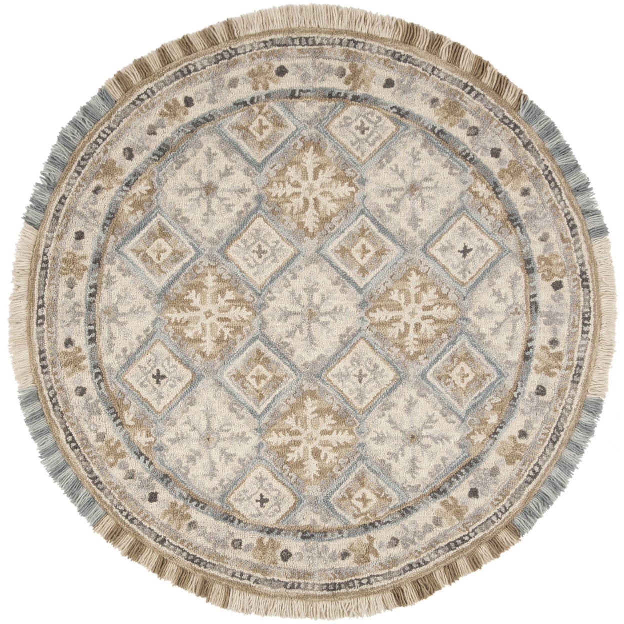 SAFAVIEH Blossom Keighley Geometric Fringe Wool Area Rug, Beige/Light Blue, 6' x 6' Round