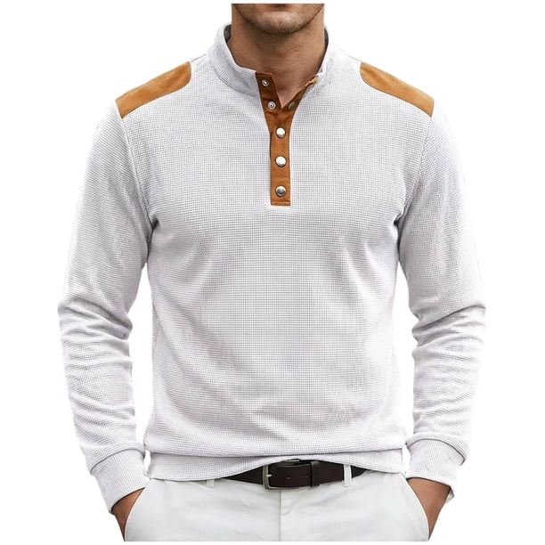 Camisetas de Verano de Manga Larga para Hombres Cuello de Pie Bloque de Color Botón Parchado Blusa Casual, Nylon Suave Spandex