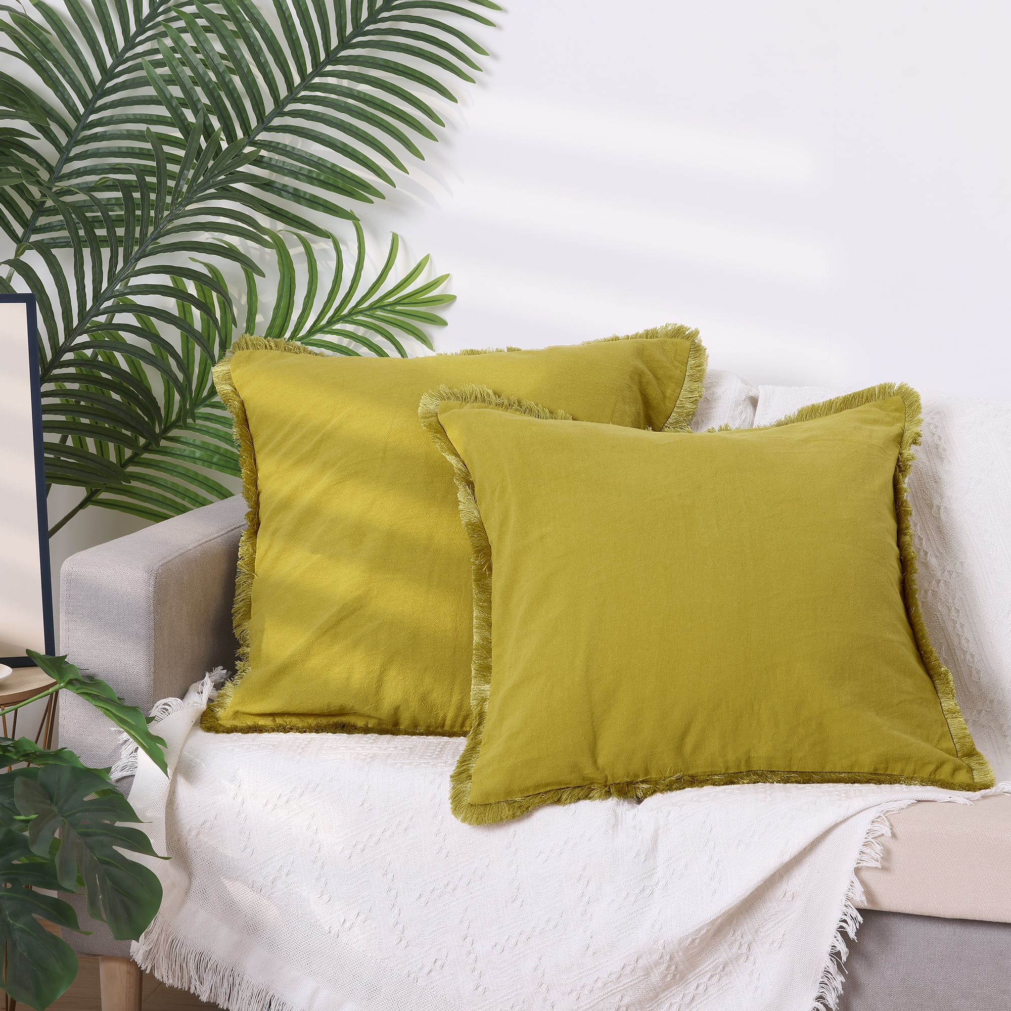Unique Bargains 4 Pcs Cotton Throw Pillow Cover with Tassel Trim for Home Decor Yellow 18" x 18"